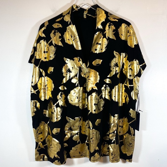 NWT Rachel Roy Black Gold Foil Metallic Floral V Neck Blouse short size size 1X - Picture 1 of 7